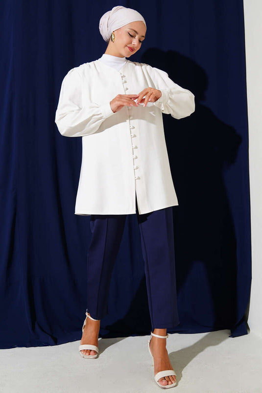 Brit Düğmeli Tensel Gömlek Beyaz