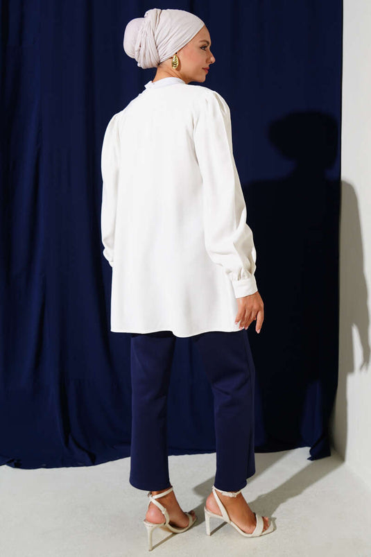 Brit Düğmeli Tensel Gömlek Beyaz