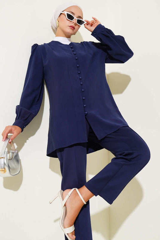 Brit Düğmeli Tensel Gömlek Lacivert