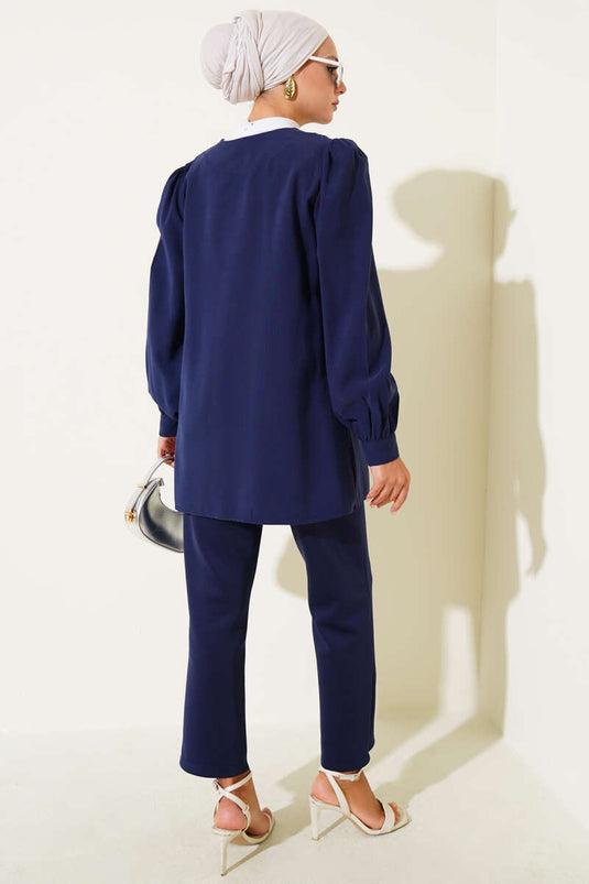 Brit Düğmeli Tensel Gömlek Lacivert