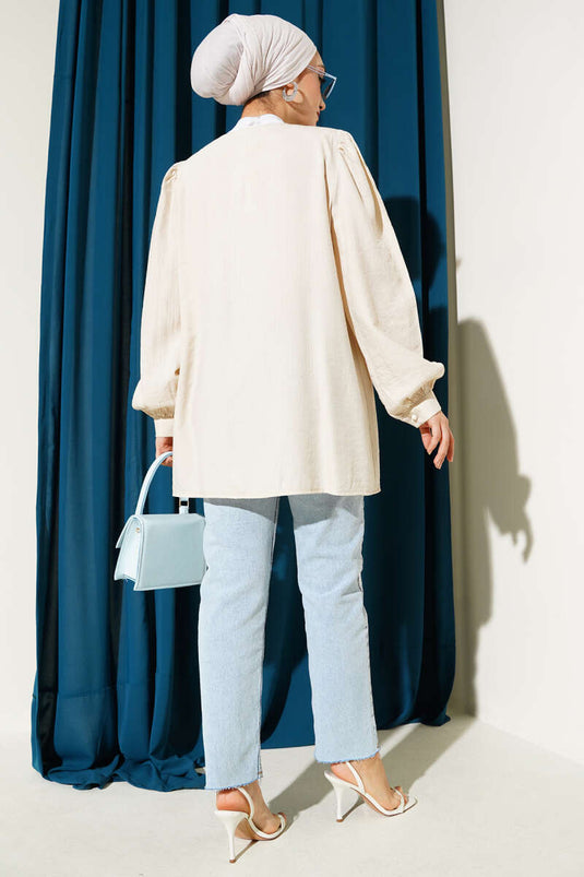 British Button-Down V-Neck Shirt Beige