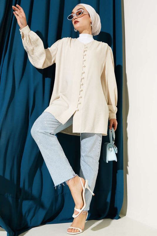 British Button-Down V-Neck Shirt Beige