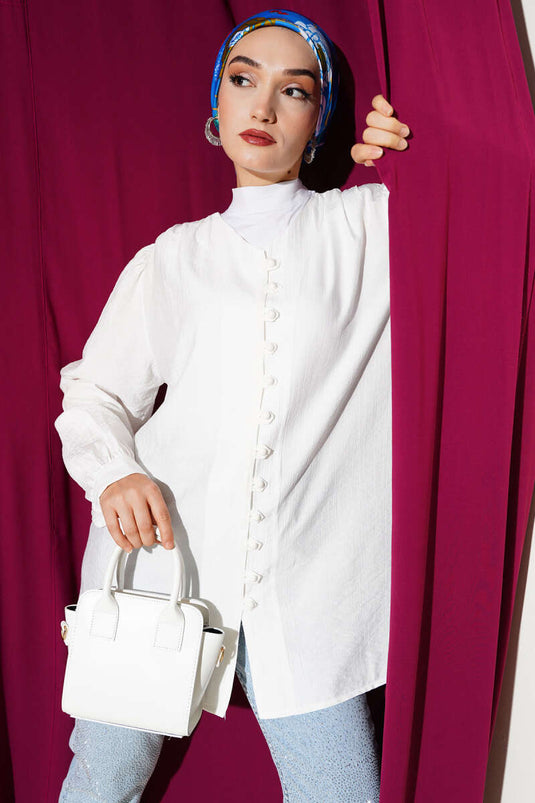 British Button-Down V-Neck Shirt White