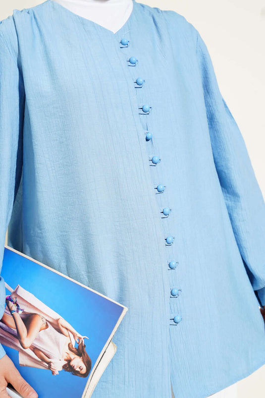 Chemise boutonnée Brit à col en V bleue