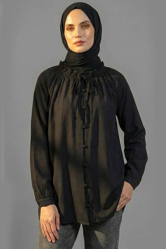 Brit Buttoned Collar Drawstring Tunic Black