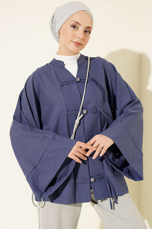 Indigo Button-Up Batwing Mouw Shirt