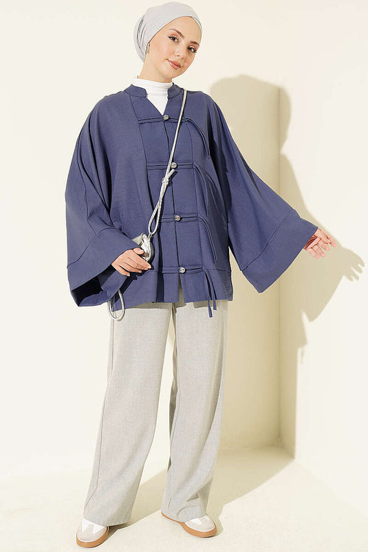 Indigo Button-Up Batwing Mouw Shirt