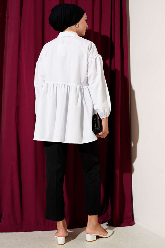 Brit Hemd mit Schleife und Knopfdetail in Weiß