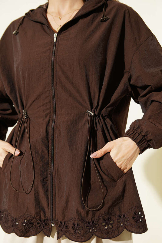 Trench Coat with Embroidered Details and Hood, Brown