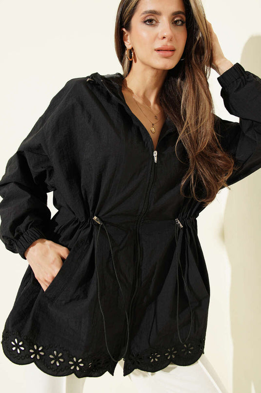 Trench-coat à capuche avec détails brodés noir