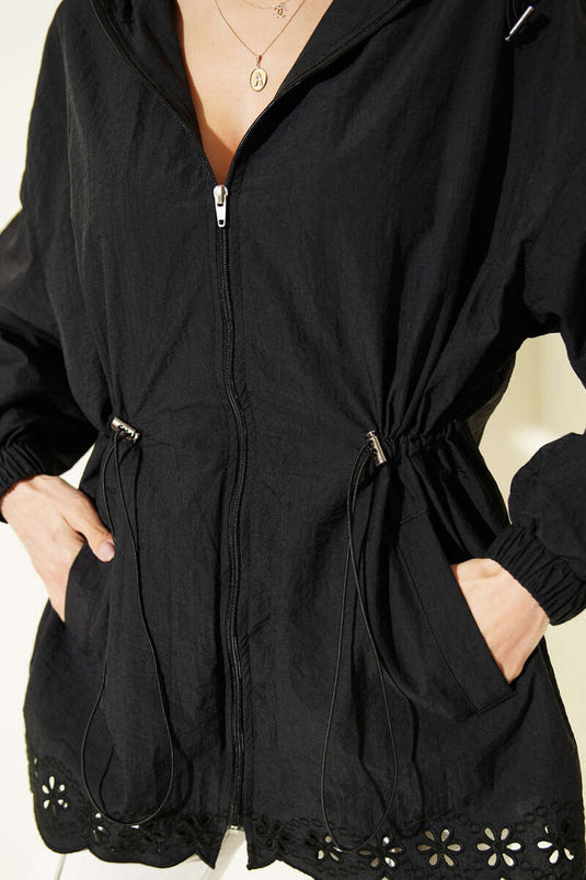 Trench-coat à capuche avec détails brodés noir