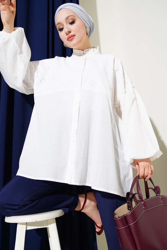 Broderie Balloon Sleeve Tunic Ecru