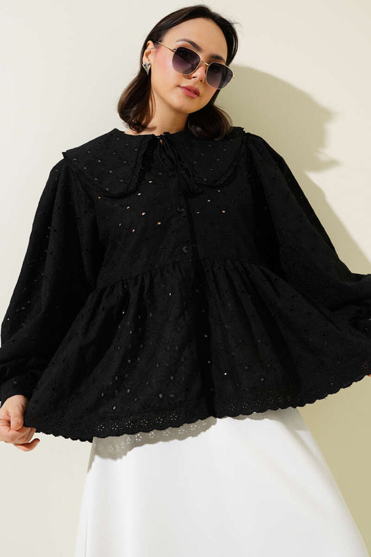 Chemise à col bébé brodée noire