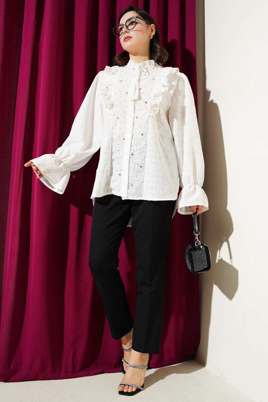 Broderie Frilled Stone Embroidered Shirt White