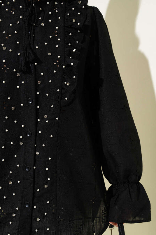 Broderie Frilled Stone Embroidered Shirt Black