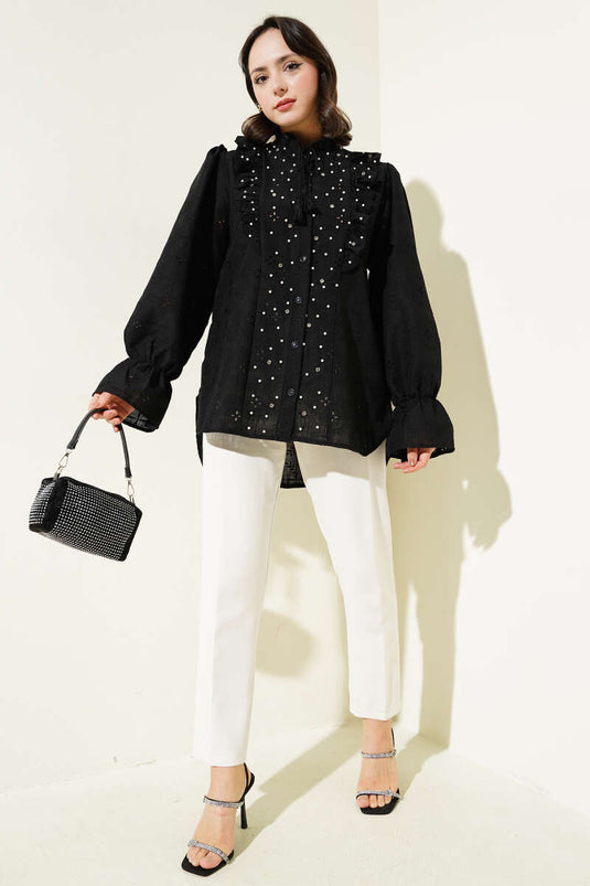 Broderie Frilled Stone Embroidered Shirt Black