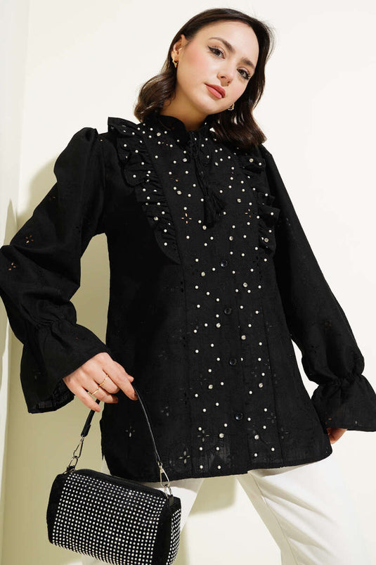 Broderie Frilled Stone Embroidered Shirt Black