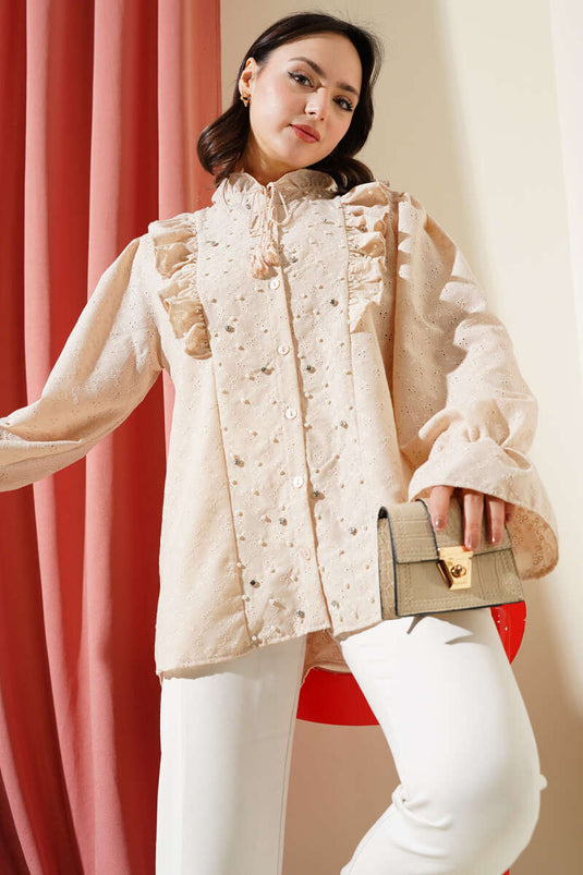 Broderie Frilled Stone Embroidered Shirt Stone