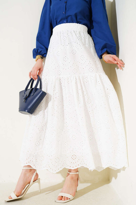 Brodeli İnci Detaylı Etek Beyaz