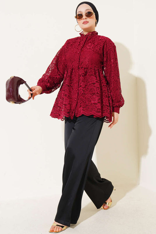 Chemise boutonnée brodée sur le devant rouge bordeaux