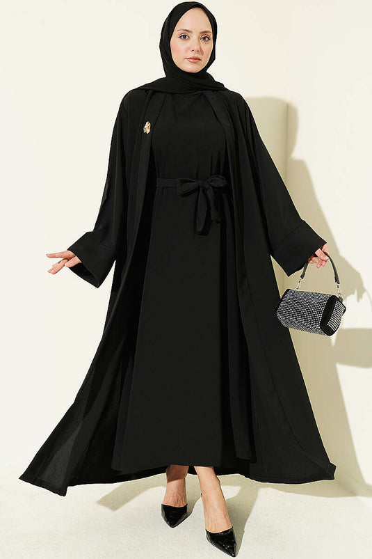 Schwarzes Abaya Set Mit Broschen-Accessoire