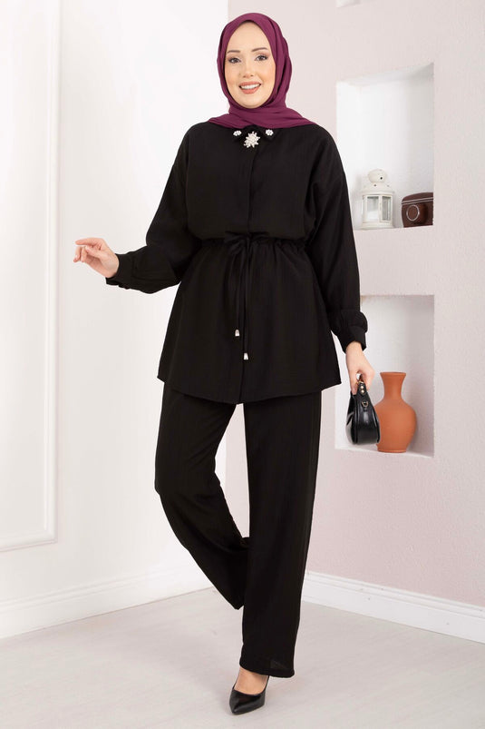 Tunic Set with Brooch Detail and Waist Tunnel Black