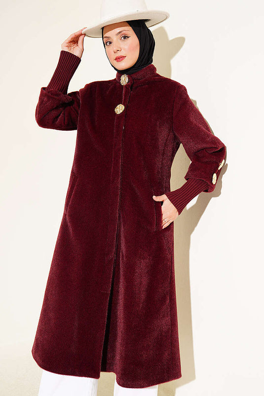 Broş Detaylı Goldfox Kaban Bordo