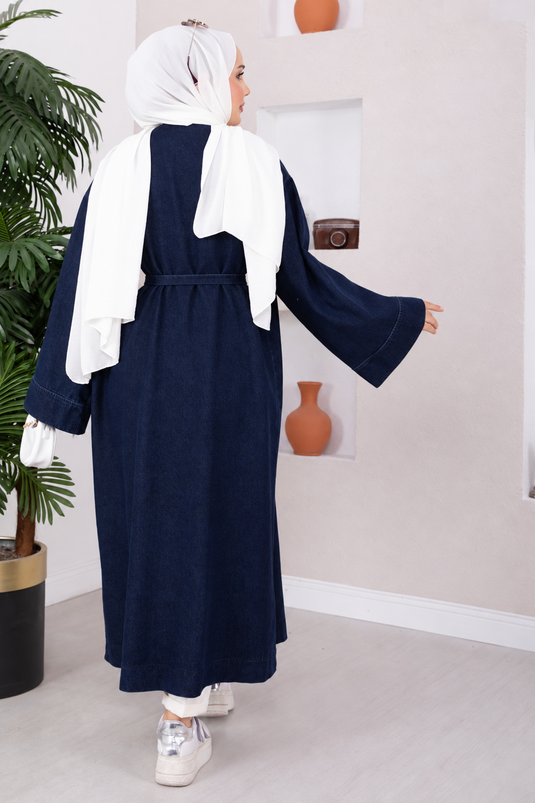 Navy Denim Kimono Met Broche Detaillering