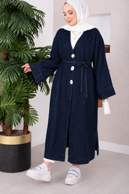 Navy Denim Kimono Met Broche Detaillering