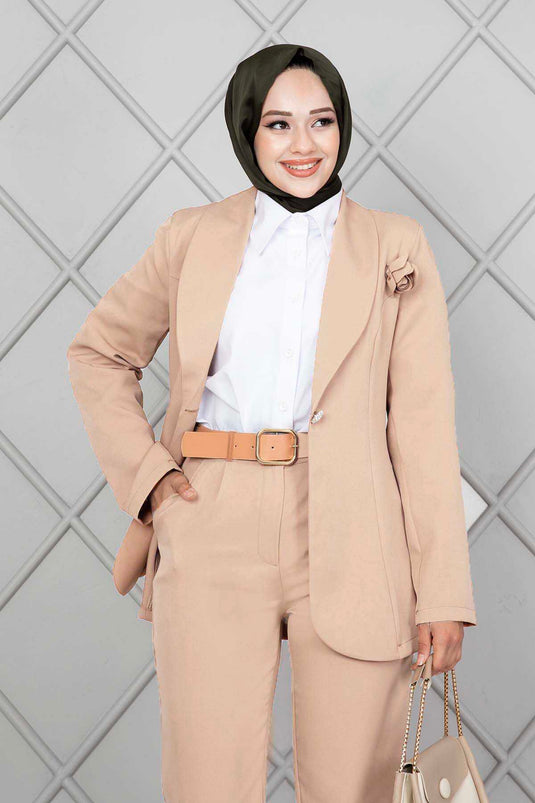 Ensemble Veste Hijab Broche Beige