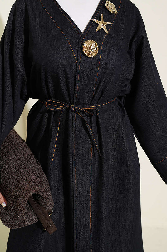 Lange Jas Met Broche En Strikdetail In Donker Marineblauw