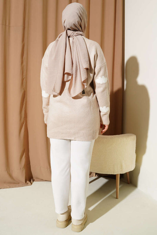 كارديجان محبوك بأزرار بنقشة غيوم، لون لاتيه