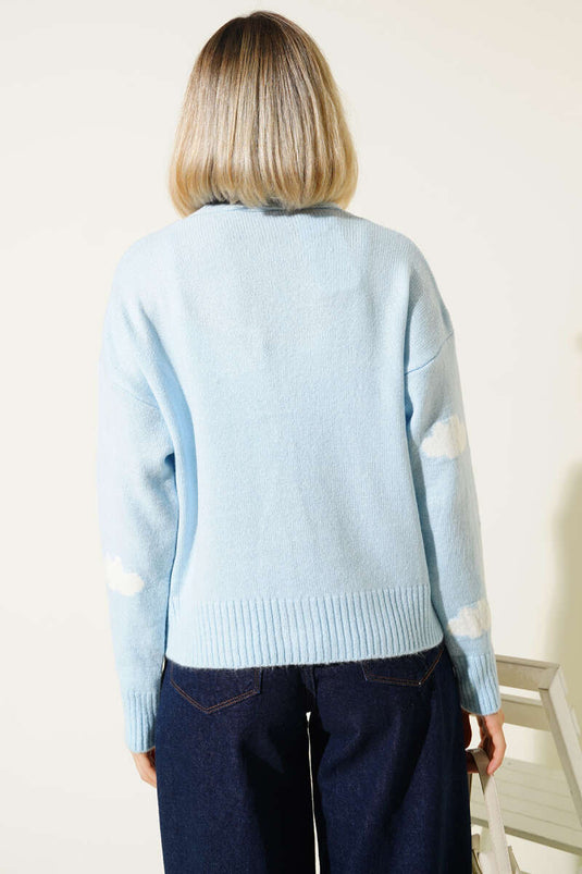 Cardigan lavorato a maglia con motivo a nuvole, azzurro