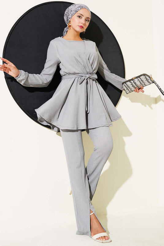 Ensemble deux pièces en tissu froissé avec taille élastique, gris