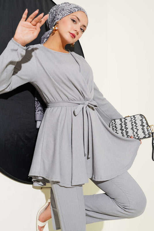 Ensemble deux pièces en tissu froissé avec taille élastique, gris