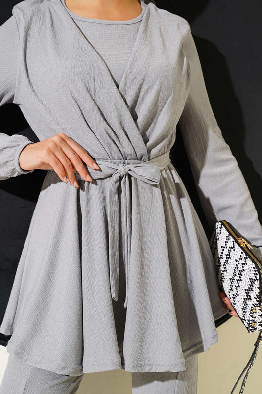 Ensemble deux pièces en tissu froissé avec taille élastique, gris