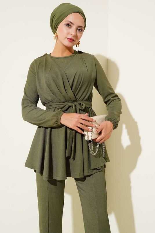 Ensemble deux pièces en crêpe kaki avec taille élastique