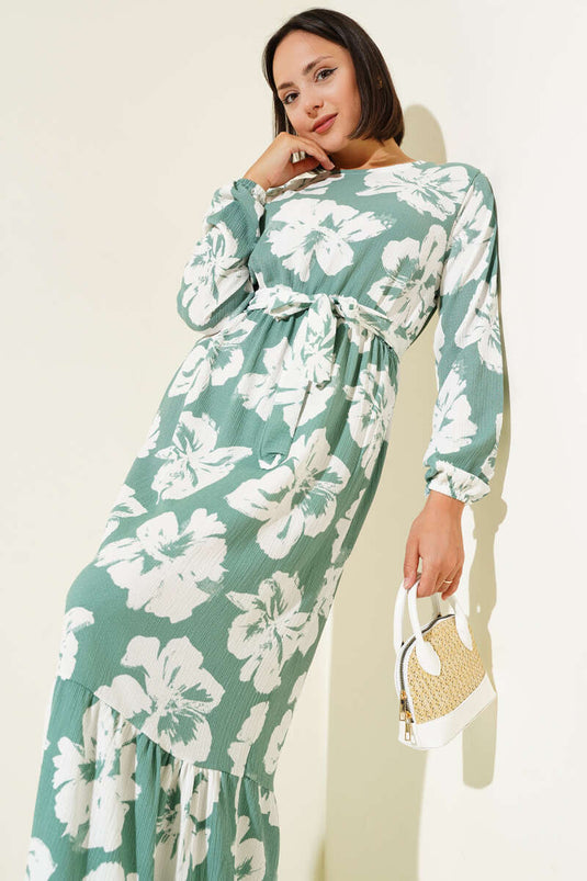 Bürümcük Çiçekli Kuşaklı Elbise Çağla Yeşili