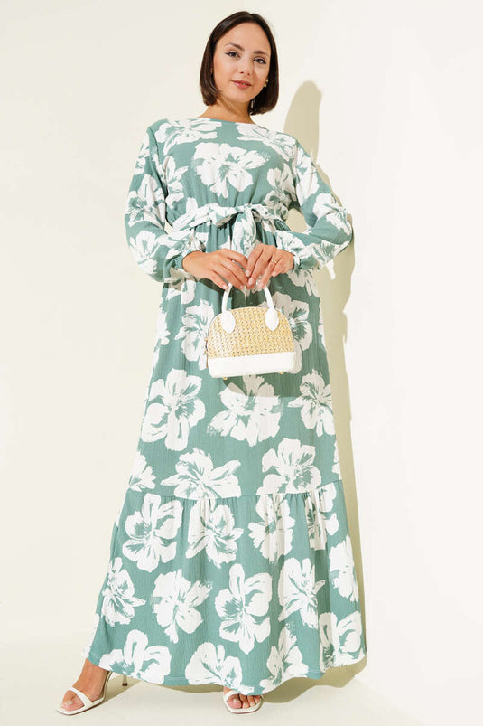 Bürümcük Çiçekli Kuşaklı Elbise Çağla Yeşili
