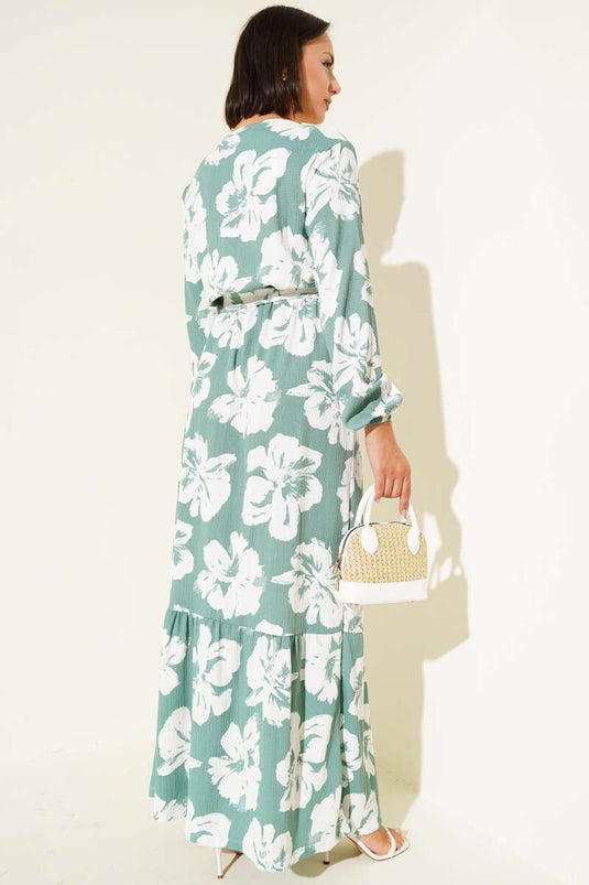 Bürümcük Çiçekli Kuşaklı Elbise Çağla Yeşili