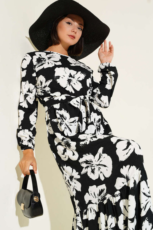 Bürümcük Çiçekli Kuşaklı Elbise Siyah