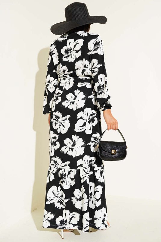 Bürümcük Çiçekli Kuşaklı Elbise Siyah