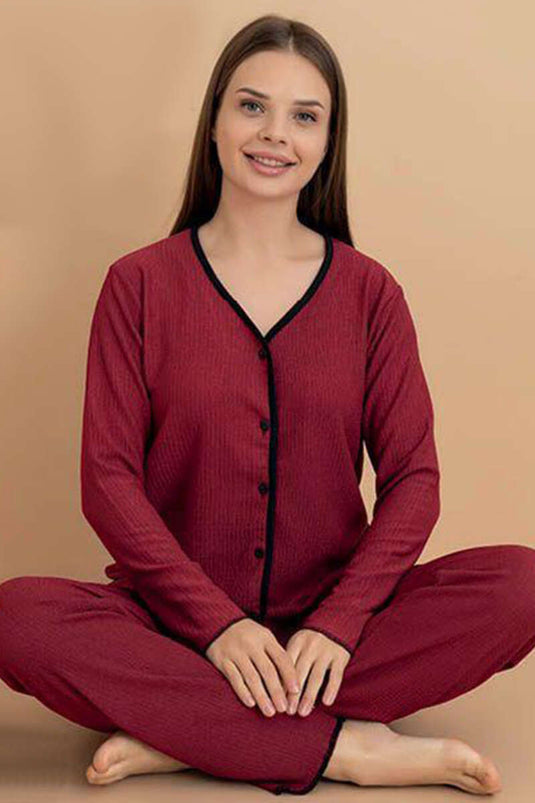 طقم بيجاما بأزرار مجعدة، لون عنابي