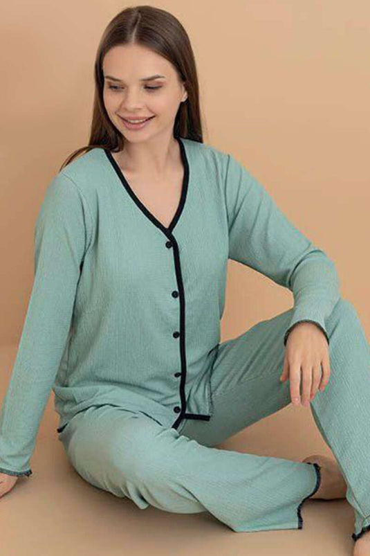 طقم بيجاما بأزرار من قماش الكريب، أخضر فاتح