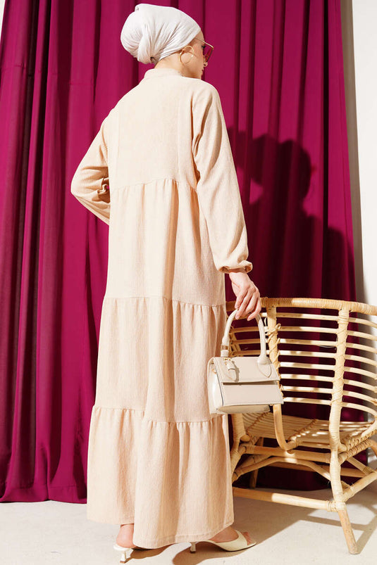 Bürümcük Önü Düğmeli Elbise Bej