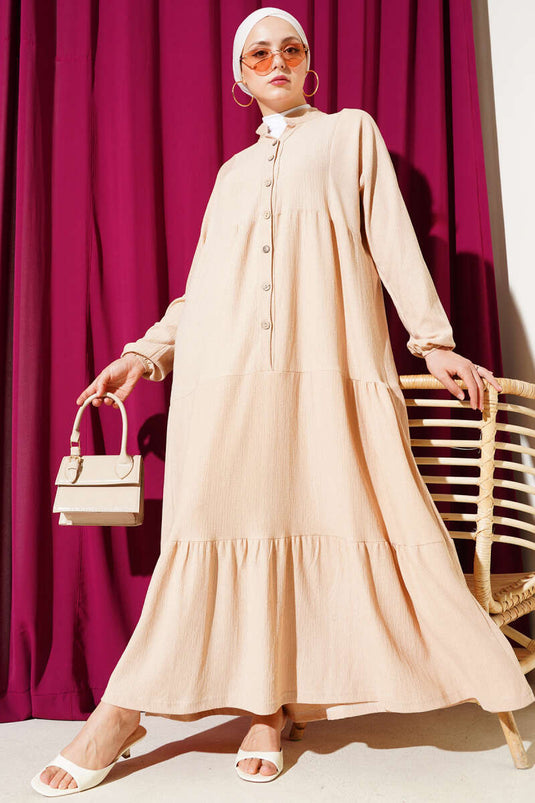 Bürümcük Önü Düğmeli Elbise Bej