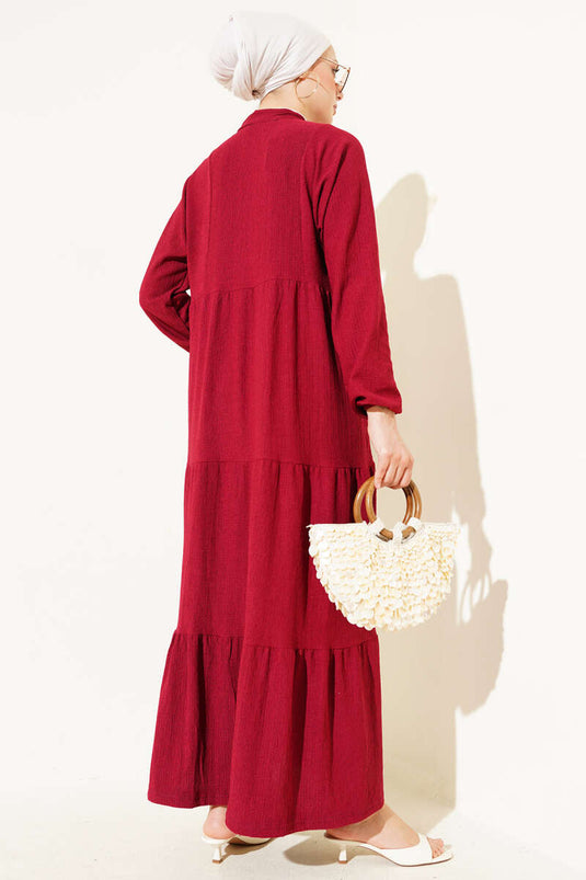 Bürümcük Önü Düğmeli Elbise Bordo