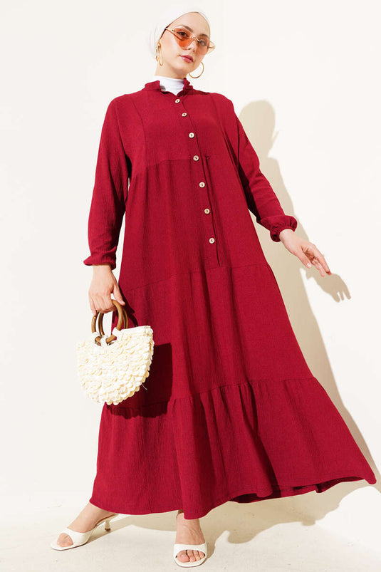 Bürümcük Önü Düğmeli Elbise Bordo