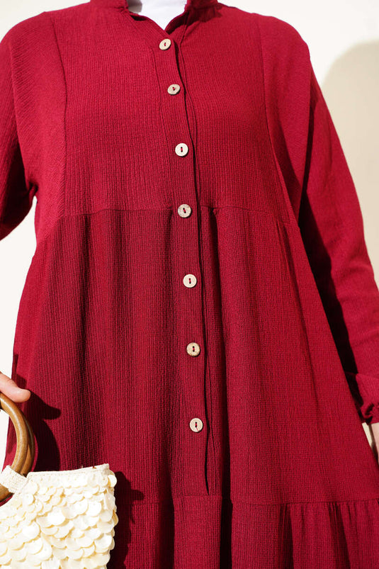 Bürümcük Önü Düğmeli Elbise Bordo