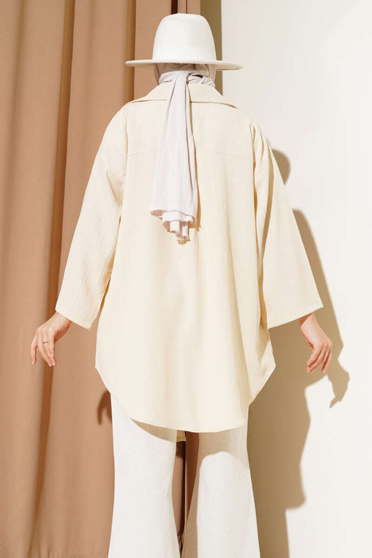 Beige Kimono with Crepe Collar Tie